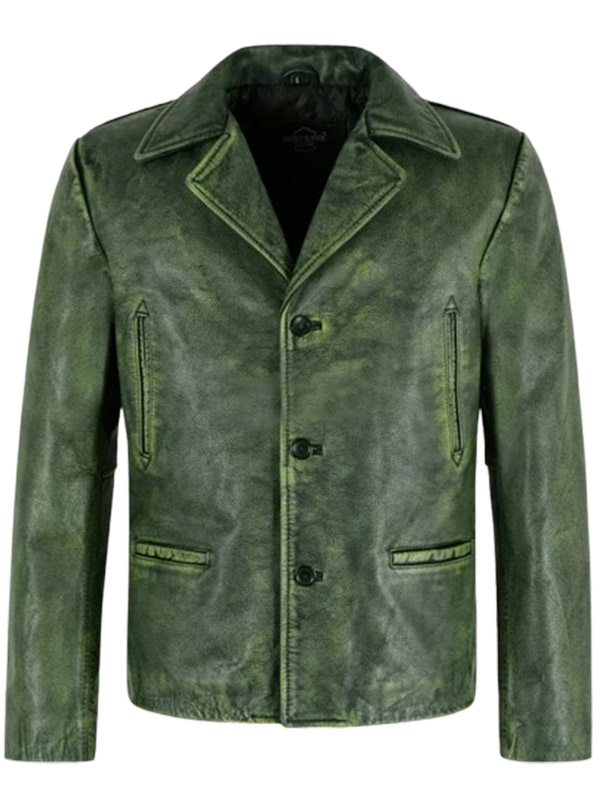 Men Distressed Leather Green Blazer Jacket