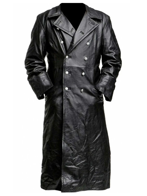 Vintage Stylish Black Leather Double Breasted Trench Coat