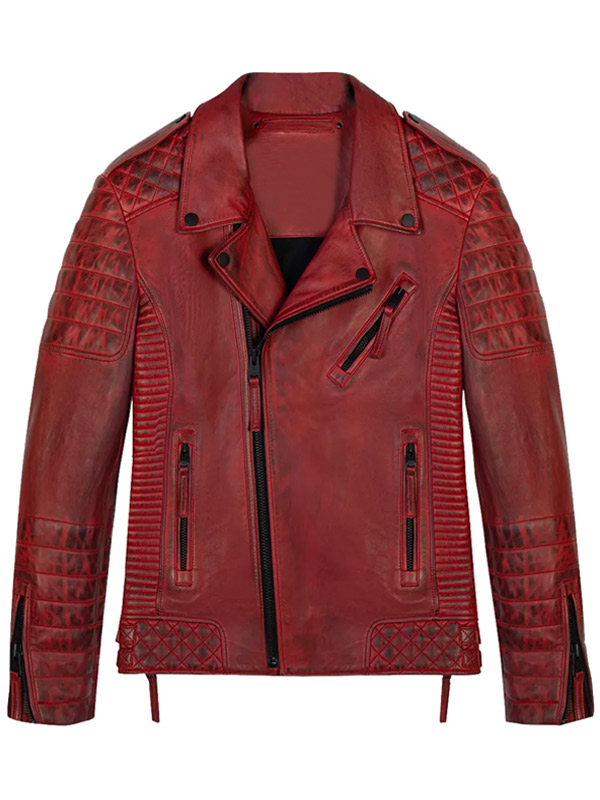 Quilted Red Leather Biker Jacket For Mens