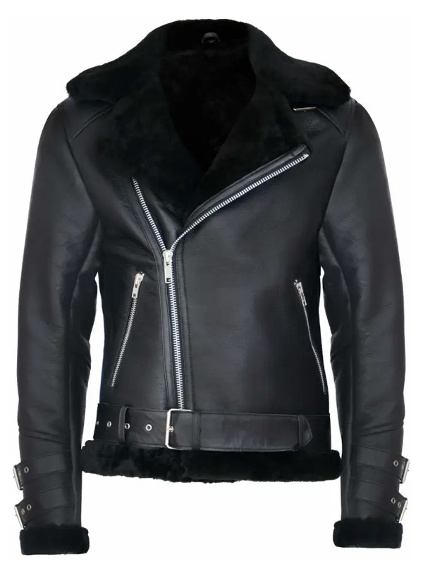 Men Aviator Style Black Leather Shearling Biker Jacket