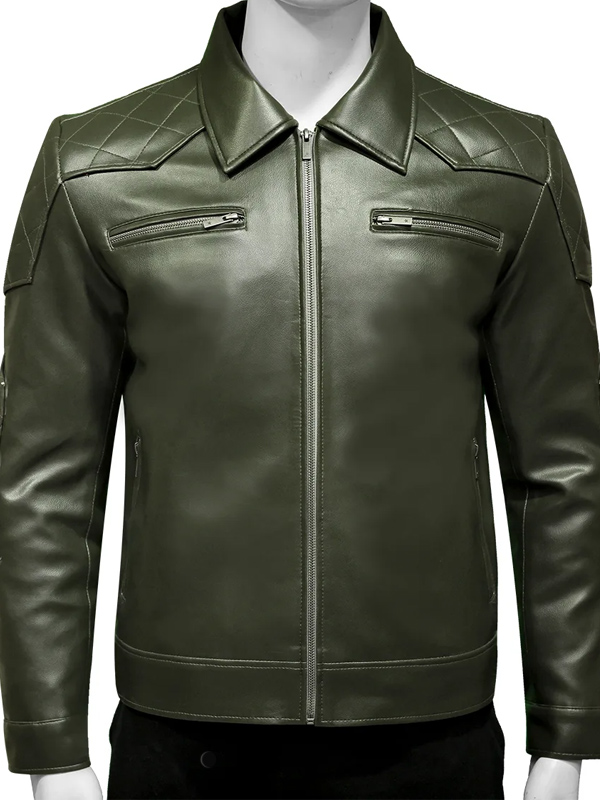 Casual Fitted Style Mens Green Leather Jacket
