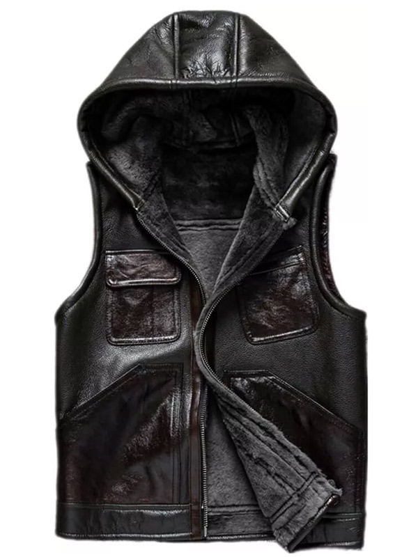 Men Black Leather Shearling Lined Vest