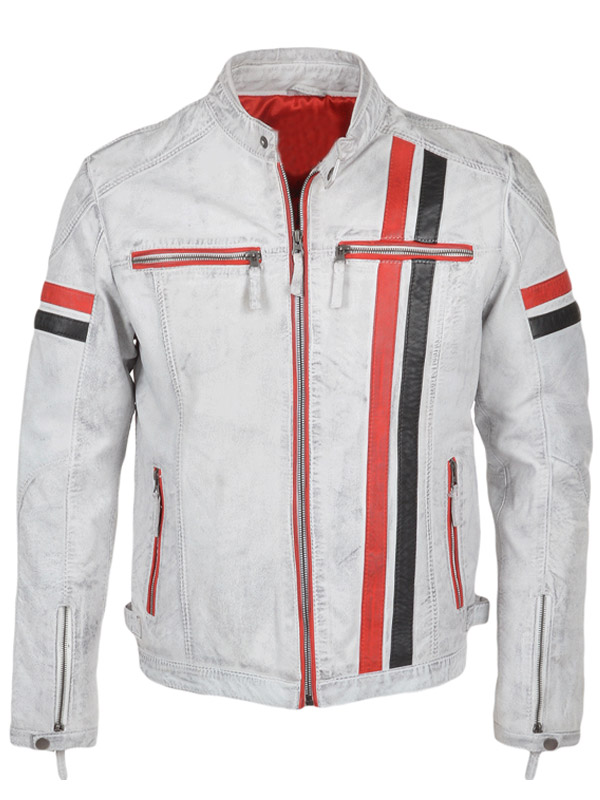 Mens Biker Style White Leather Motorcycle Jacket