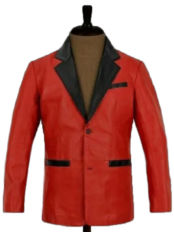Mens Red Leather Blazer with Black Accents