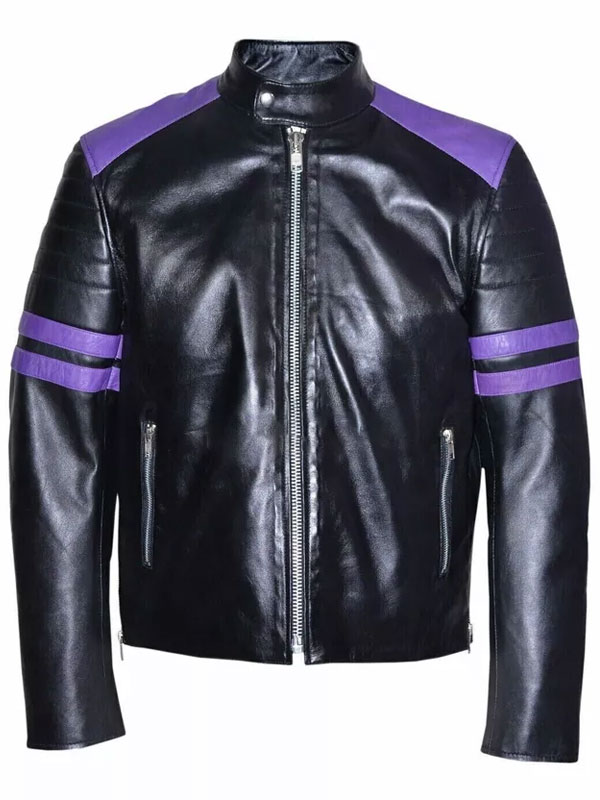 Mens Black and Purple Leather Racer Jacket