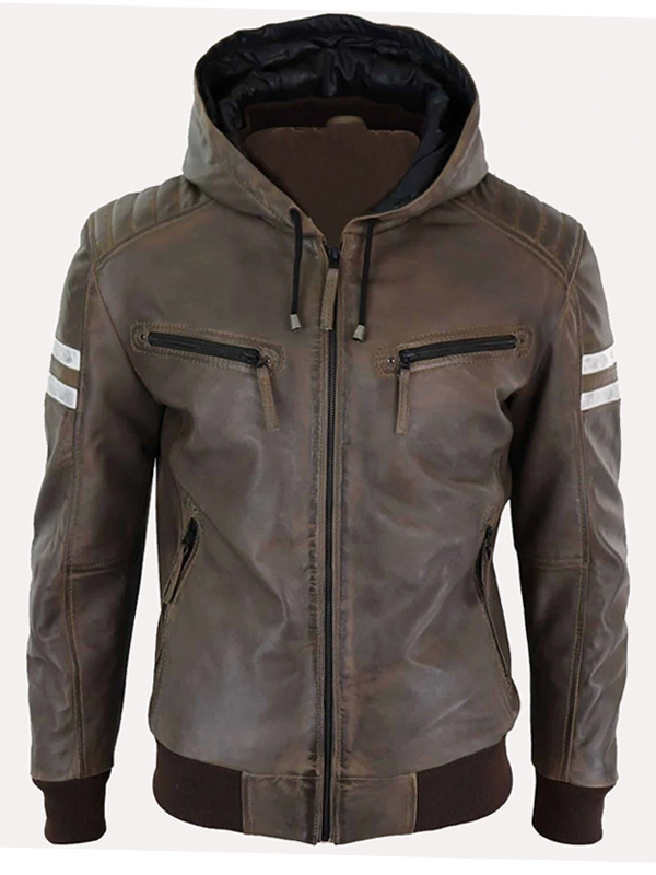 Quilted Style Hooded Bomber Leather Jacket With Hood