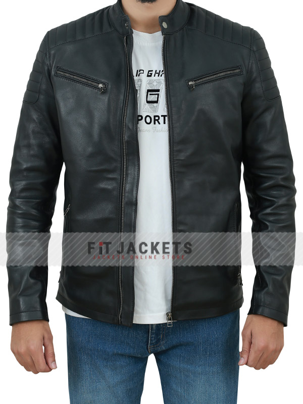 Men Quilted Real Leather Black Biker Leather Jacket