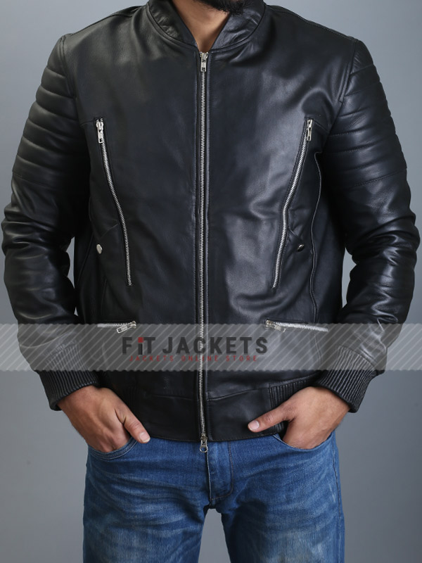 Mens Classic Black Double Zipper Genuine Bomber Leather Jacket