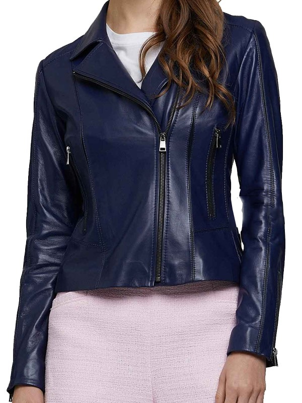 Navy Blue Leather Biker Jacket