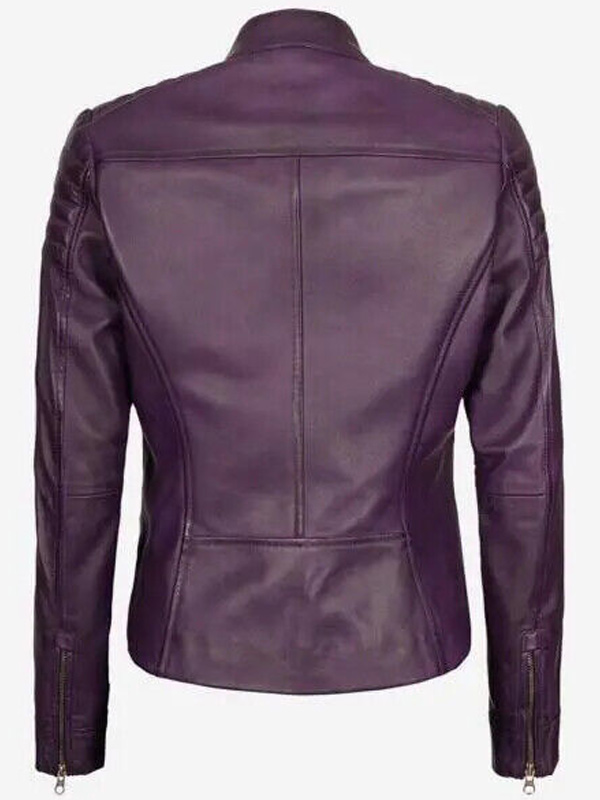 Racer Purple Style Leather Jacket with Padded Shoulders for Women