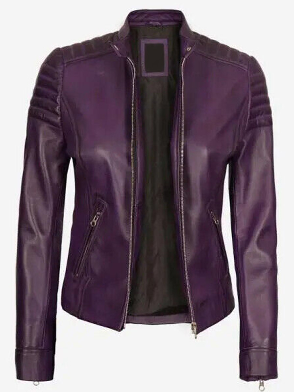 Racer Style Purple Leather Jacket for Women