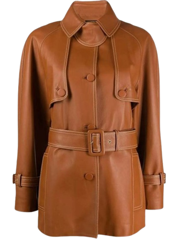 Women Brown Belted Leather Coat