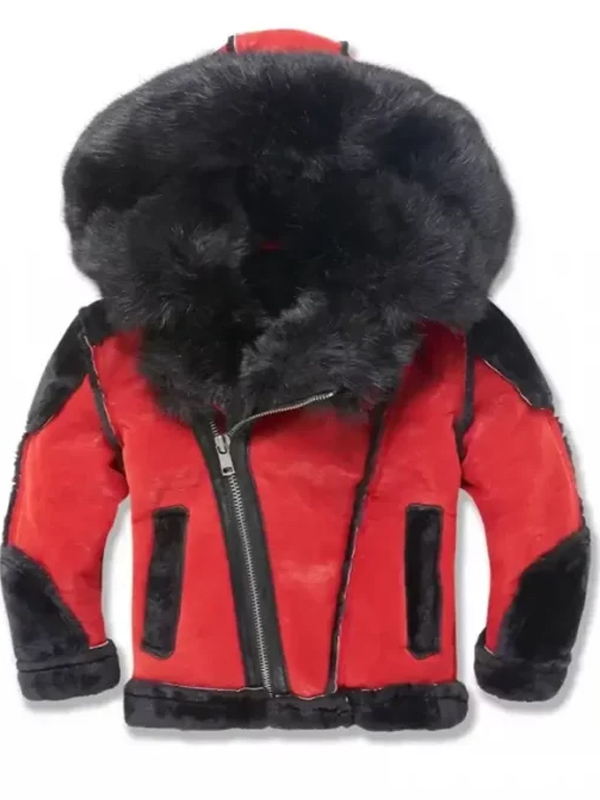 Men Shearling Red Hooded Leather Jacket