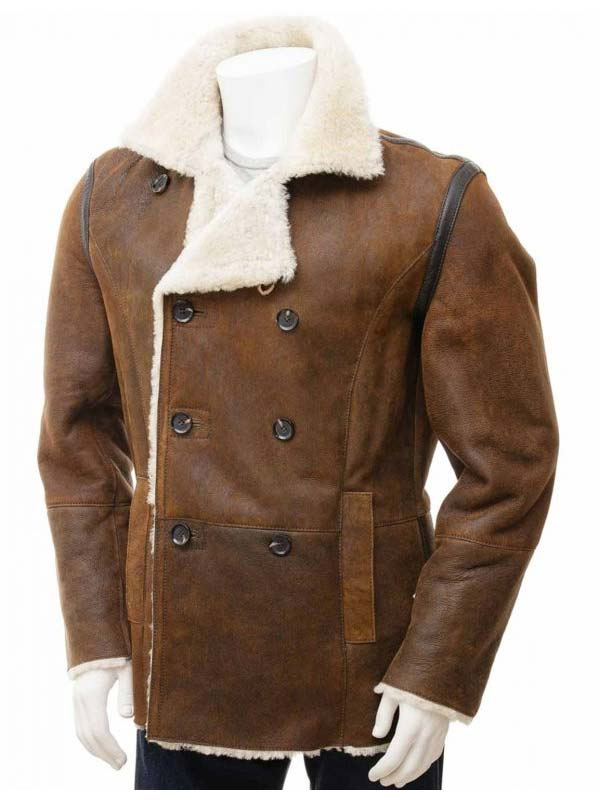 Men Sheepskin Classic Double Breasted Shearling Leather Peacoat