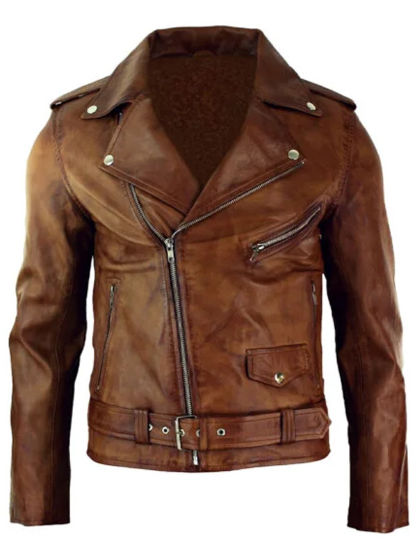 Slim Fit Distressed Brown Leather Biker Jacket