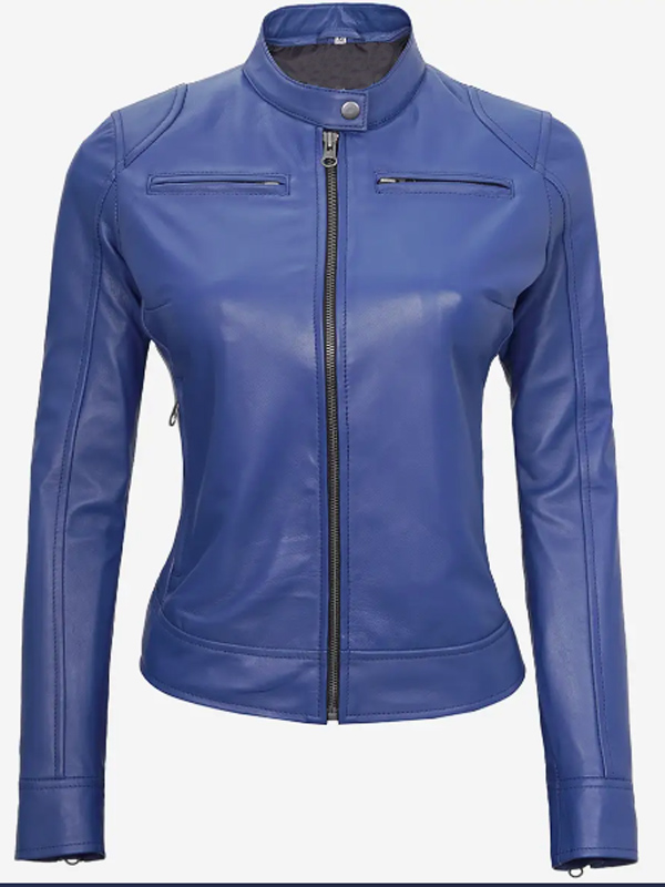 Slim Fit Blue Leather Biker Jacket Womens
