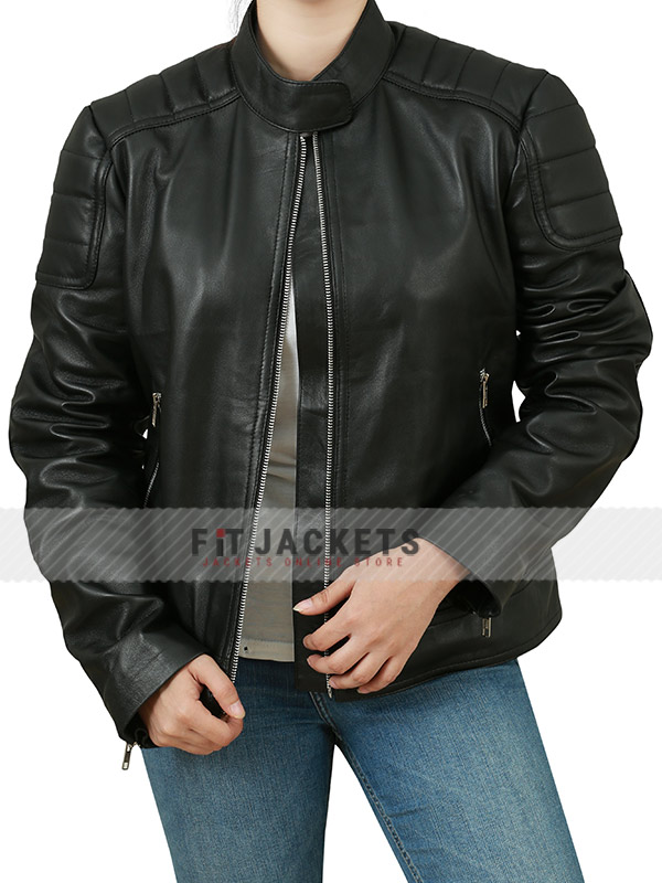 Womens Classic Style Erect Collar Black Real Leather Jacket