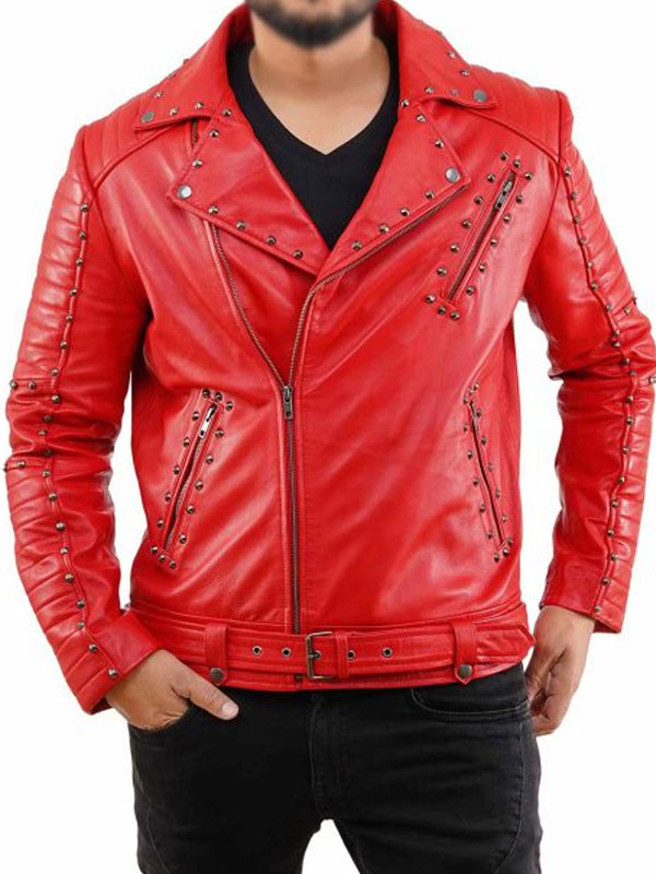 Stylish Red Studded Leather Biker Jacket