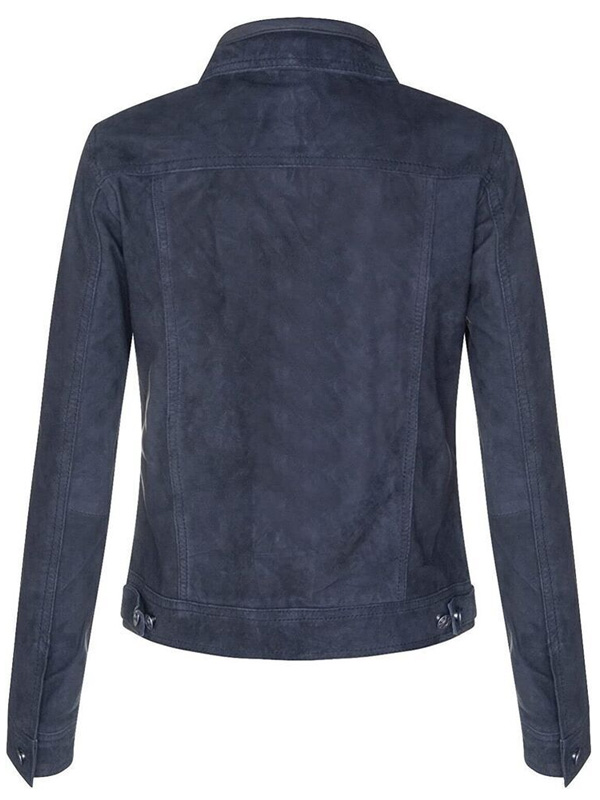 Trucker Style Blue Casual Suede Leather Jacket for Women