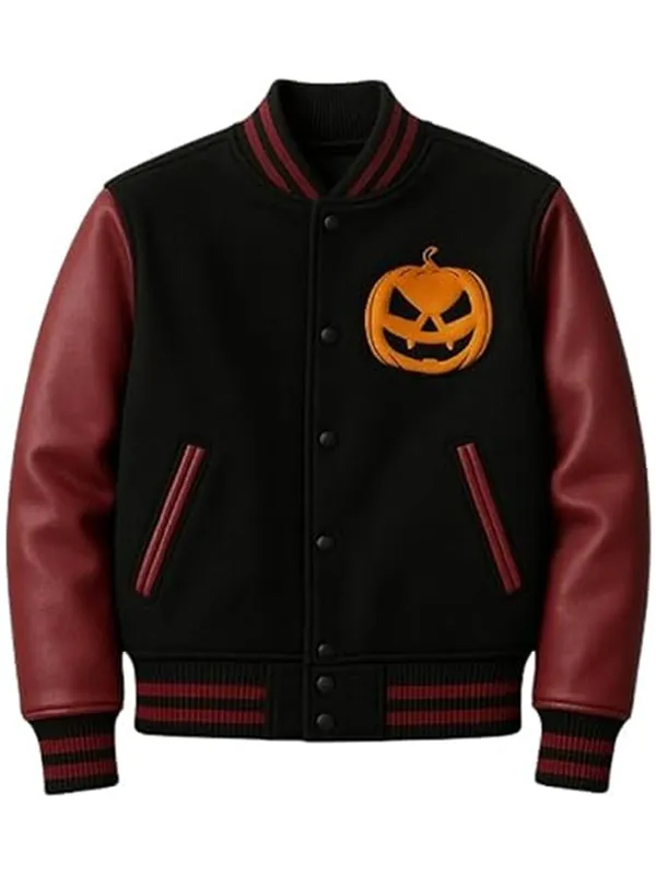 Buy Unisex Fiery Pumpkin Black Maroon Varsity Jacket