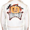 Shop Unisex Halloween Biker White Leather Jacket with Pumpkin Patches