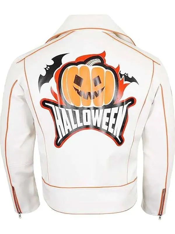 Shop Unisex Halloween Biker White Leather Jacket with Pumpkin Patches