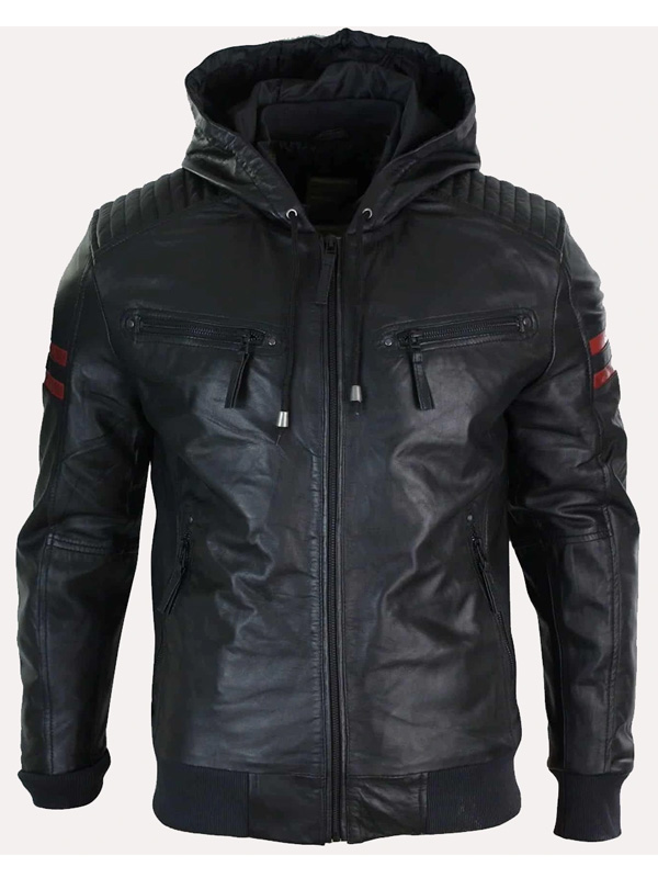 Mens Hooded Black Leather Jacket