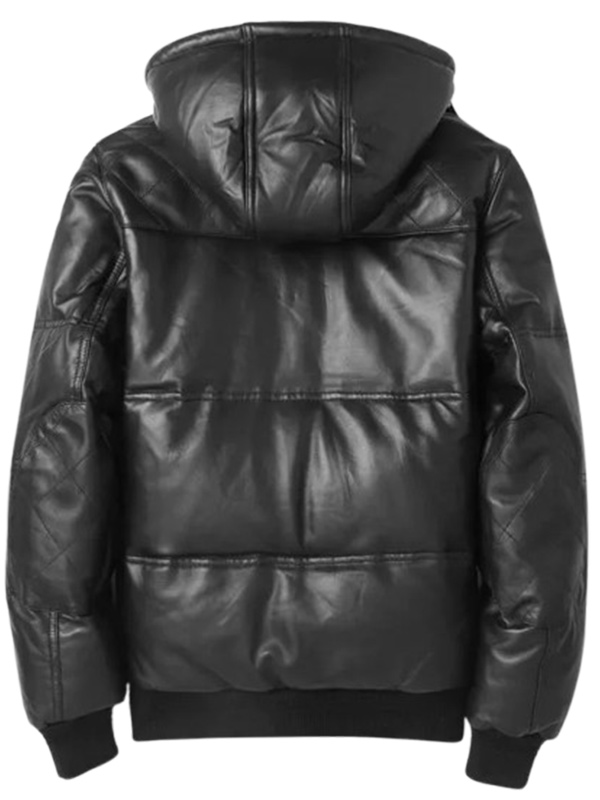 Mens Black Bomber Leather Jacket with Hood