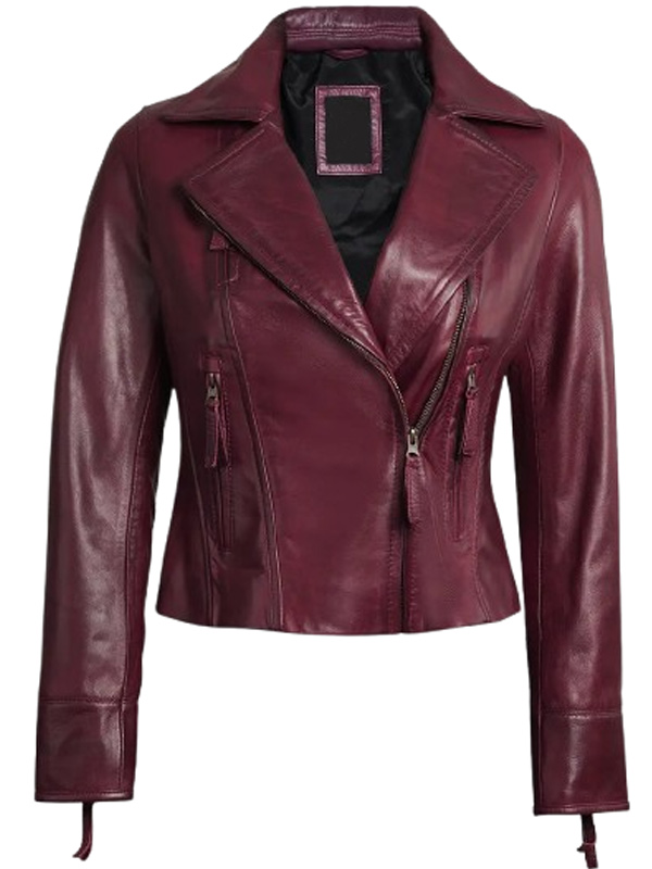 Women Asymmetrical Burgundy Leather Biker Jacket