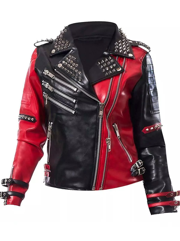 Women Biker Style Studded Red and Black Punk Jacket