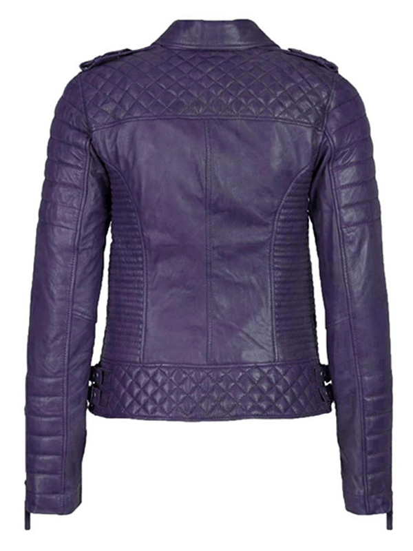 Women Classic Biker Quilted Leather Purple Jacket with Padded Shoulders