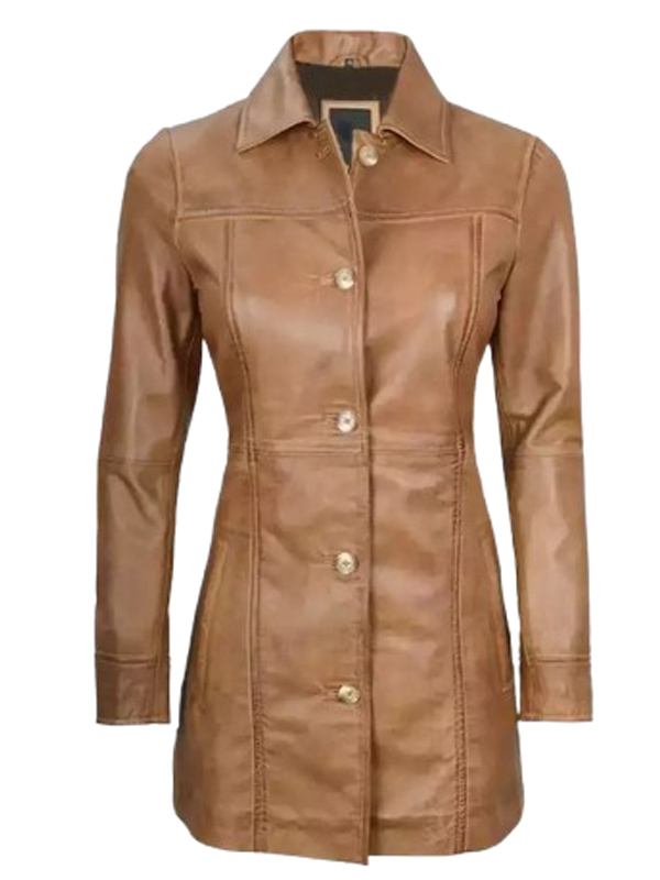 Women Classic Brown Leather Long Jacket