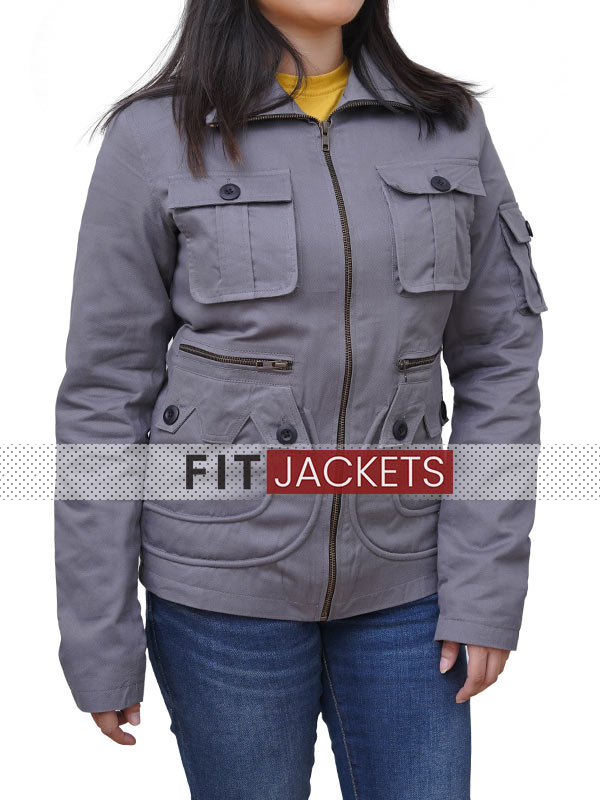 Womens Gray Cotton Jacket with Sleeve Pocket
