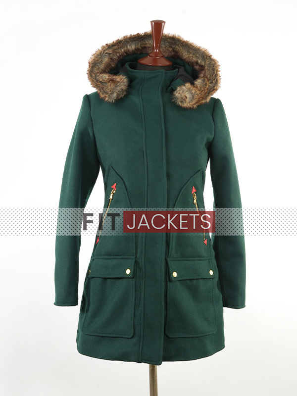 Women Parka Hooded Green Shearling Jacket