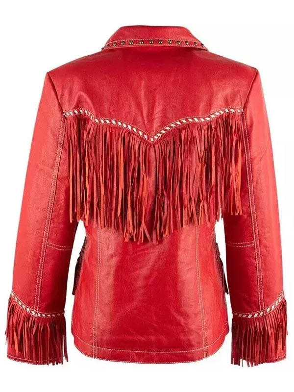 Women's Western Fringe Red Leather Jacket