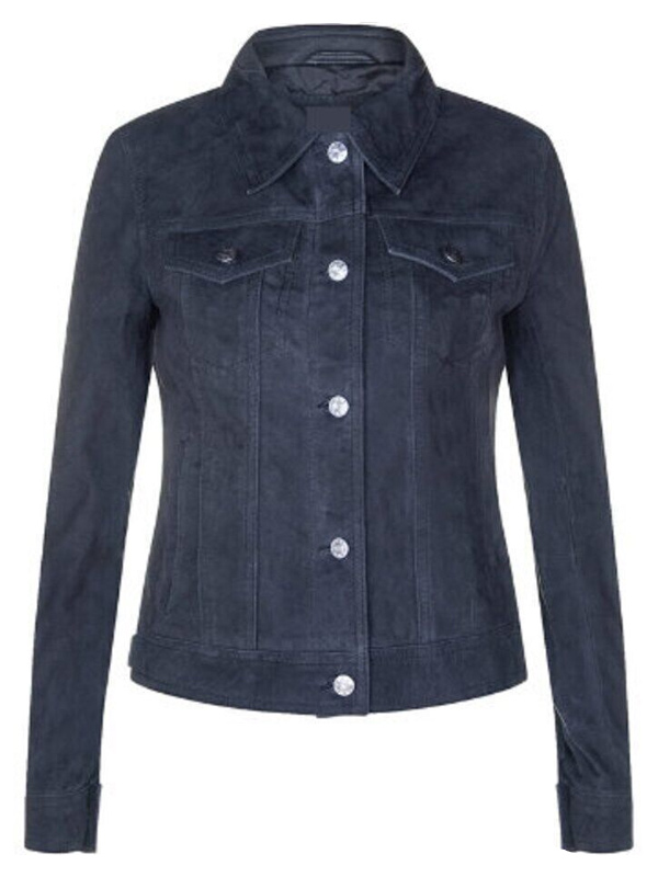 Women Trucker Style Blue Suede Leather Jacket
