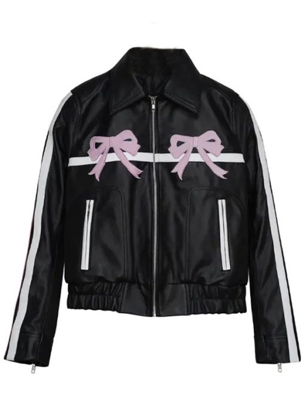 Womens Bomber Style Leather Black Bow Jacket