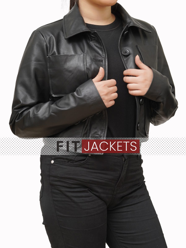 Womens Cropped Button Down Leather Jacket