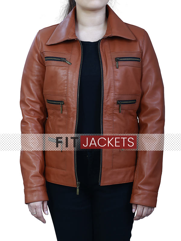 Womens Multiple Pocket Brown Leather Jacket