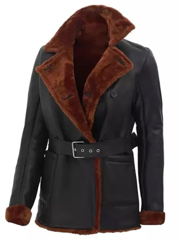 Black Sheepskin Leather Women Mid Length Coat