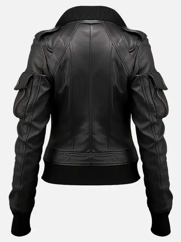 Womens Slim Fit Black Leather Bomber Jacket