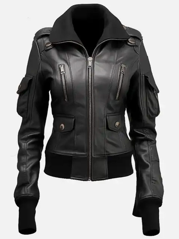 Womens Retro Leather Bomber Jacket