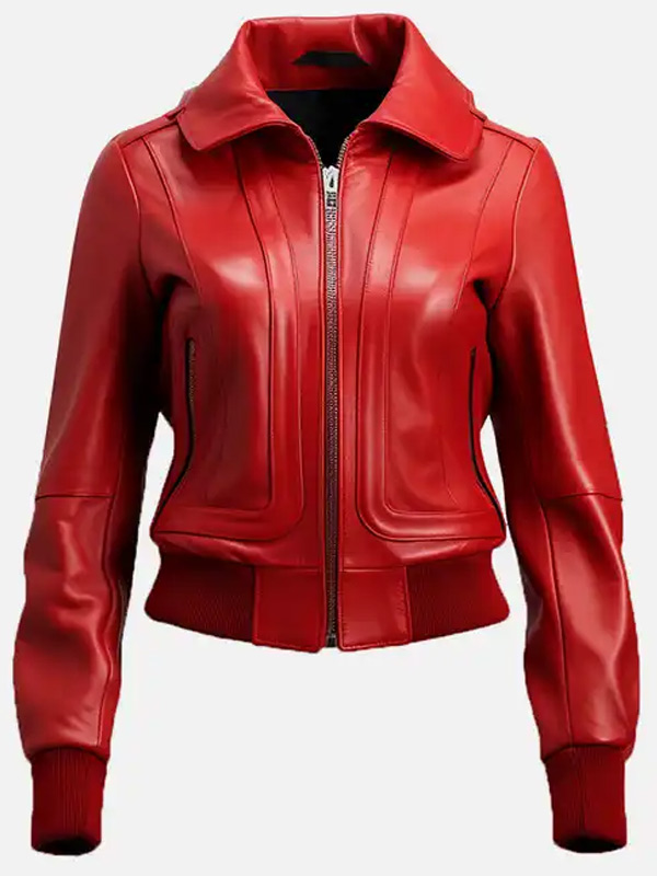 Red Bomber Style Motorbike Leather Jacket