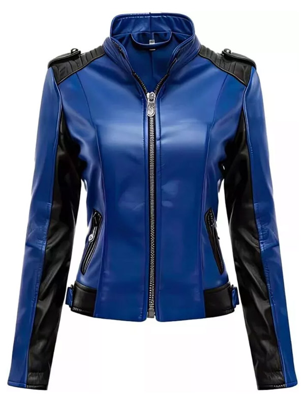 Black and Blue Leather Motorcycle Jacket Womens