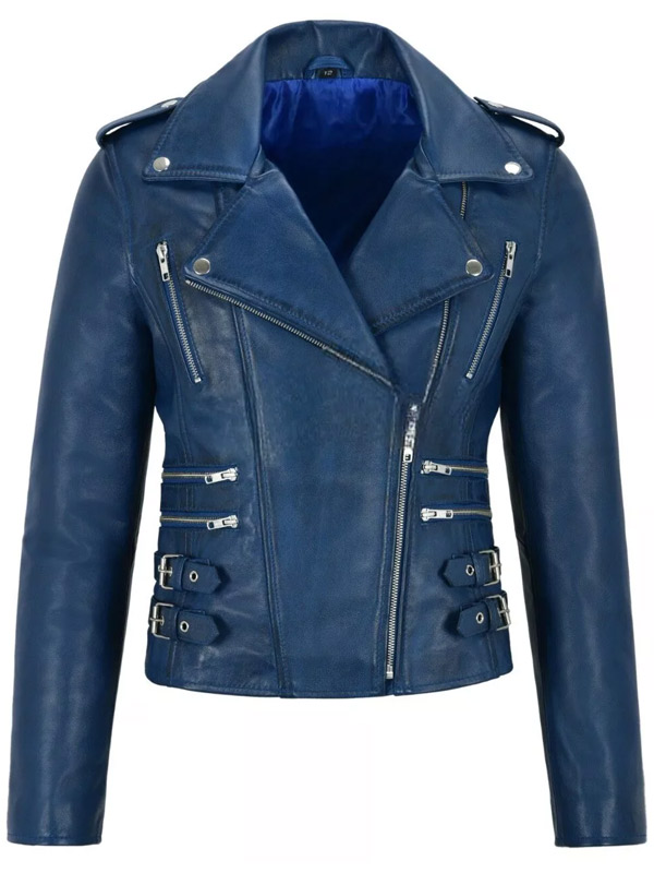 Women Genuine Style Blue Motorcycle Leather Jacket