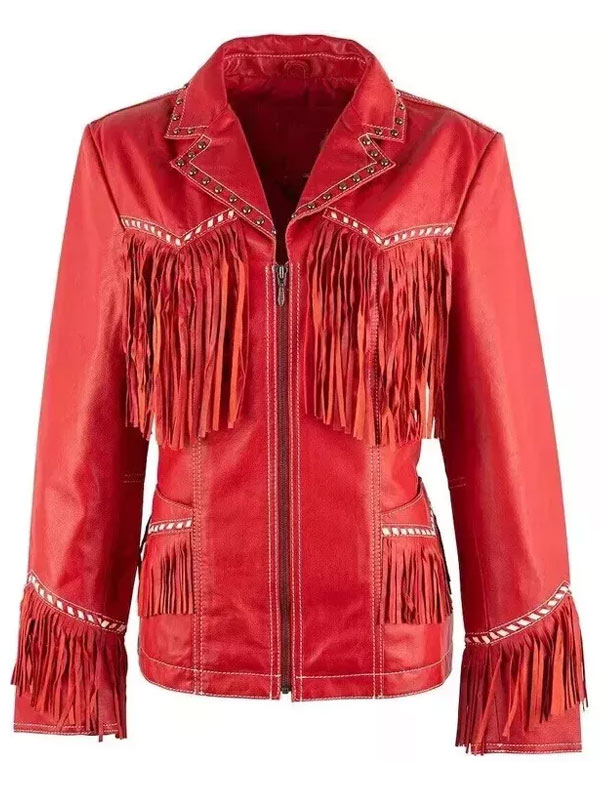 Women Studded Style Red Fringe Leather Jacket