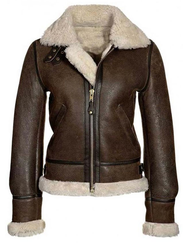 Womens Shearling Distressed Brown Aviator Jacket