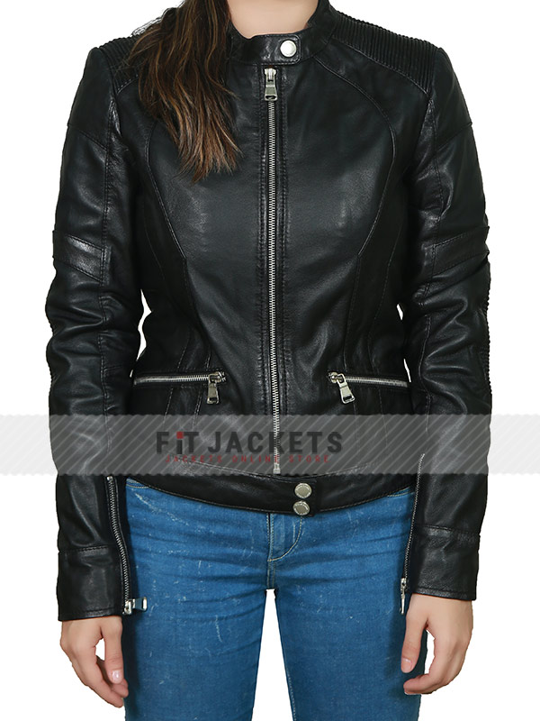 Womens Biker Casual Black Snap-Tab Real Leather Jacket