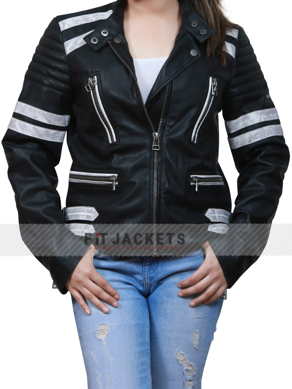 Womens Black Slim Fit Snap Tab Real Leather Jacket