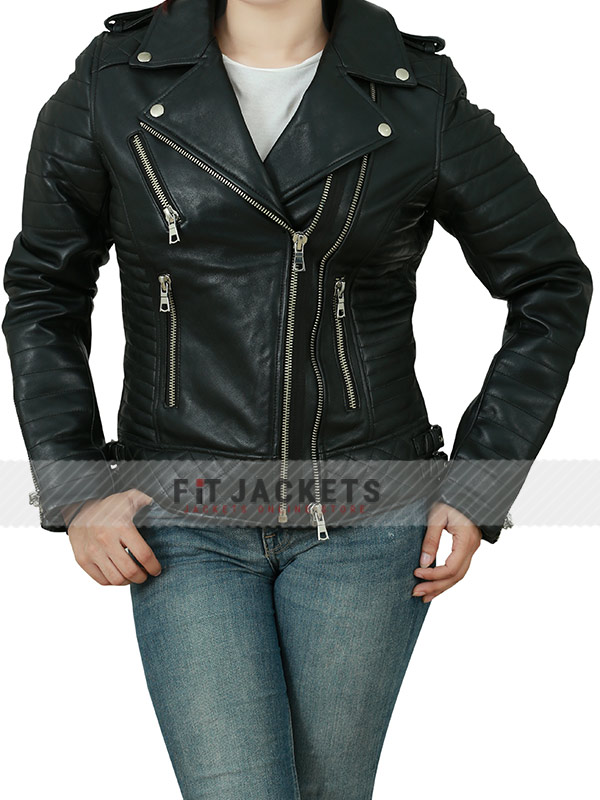 Womens Double Zip Black Motorcycle Real Leather Quilted Jacket